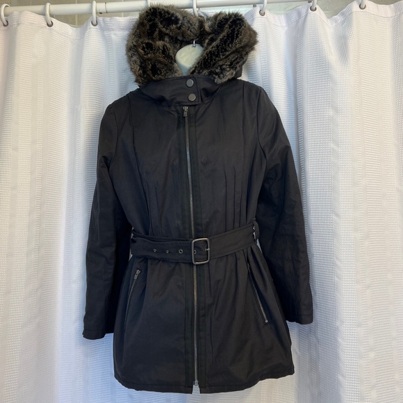 Amazing 7 For all Mankind 2 in 1 Black Hoodie Fur Removable Lining Parka S Great - Picture 2 of 13